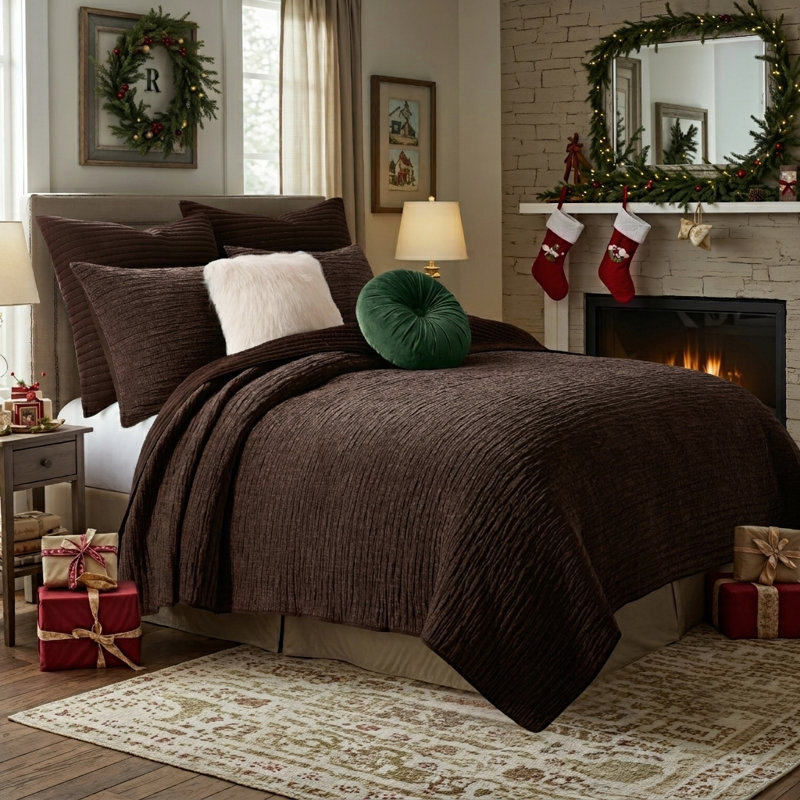 Ensemble de courtepointe texturée Velvet Crush, Courtepointe pour lit simple + 1 taie décorative, Chocolat