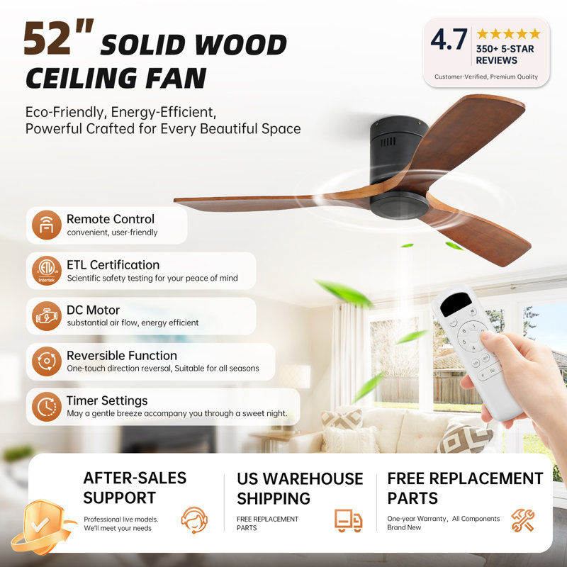 Nicola 52" 3-Blade Ceiling Fan, Matte Black Finish with Brown Blades