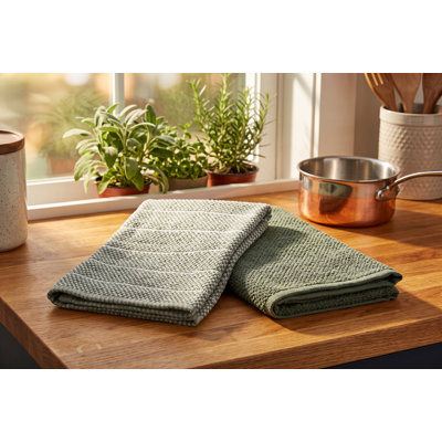 S&CO 2-Pack Woven Terry Kitchen Towels, 100% Absorbent Cotton, 16 x 24 inches, Sage Green Dish Towels for Drying and Cleaning