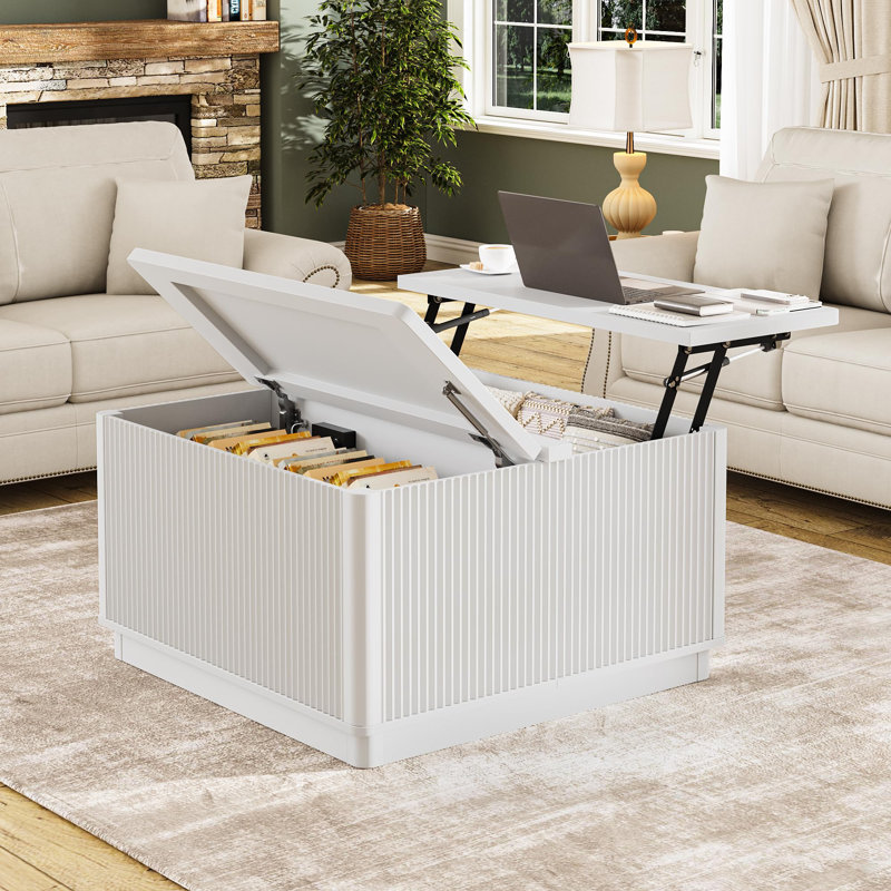 Modern Lift Top Coffee Table With Storage, Square Coffee Tables With LED Lighting And Power Outlet, Wooden Square Center Table For Living Room Home Office