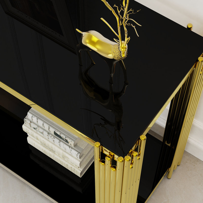 47.2" 2-Tier Glass Top Console Table, Black