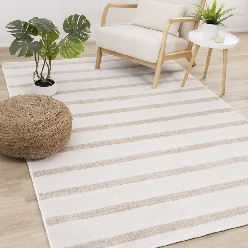 Wum Striped Machine Woven Polypropylene Area Rug in Beige/Cream, Rectangle 6'7" x 9'10", Beige/Cream