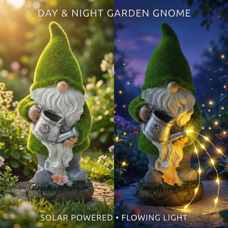 Solar Flocked Garden Gnome Statue with Watering Can String Lights, Outdoor Yard Art Decor