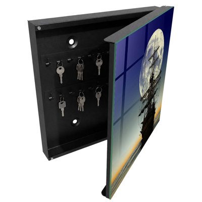 Key cabinet, Opens to the right, 30x30x5, White, A sailing ship against the backdrop of a full moon, 