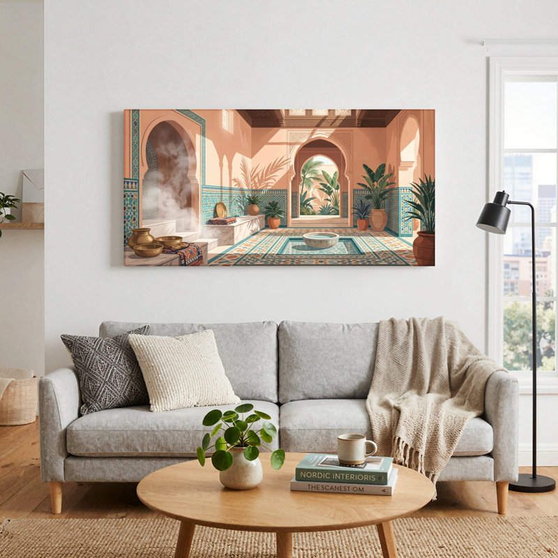 Ensemble d'un tableau sur toile représentant une cour marocaine, 40“W x 20”H, Wrapped Canvas