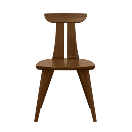 Wooden chair with a rounded seat.
