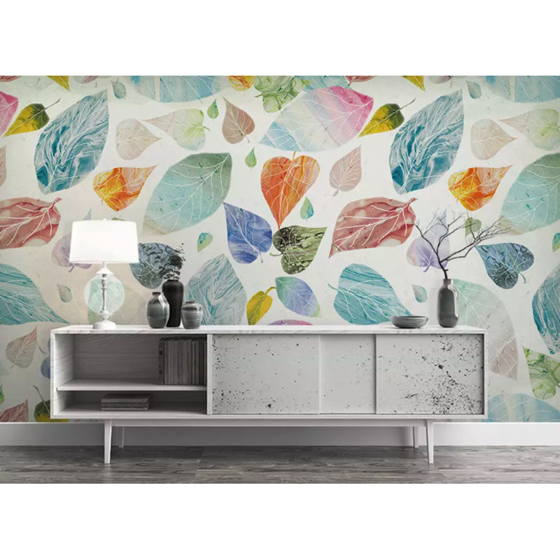 Papier peint amovible aquarelle à motif de feuilles colorées tropicales, L 75 po x l 112 po