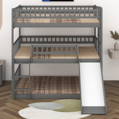Full-Over-Full-Over-Full Triple Bed With Built-In Ladder And Slide, Triple Bunk Bed With Guardrails, 3 Bed Bunk Beds For Kids
