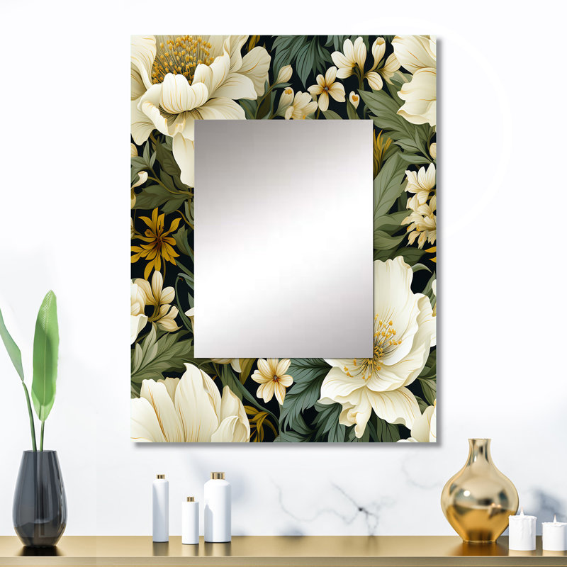 Aidean blanc vert élégant motif botanique - grand miroir floral, miroir mural décoratif de campagne, impression d'art