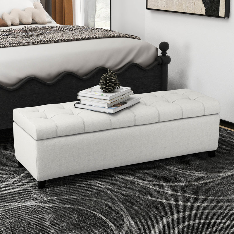 Banc de rangement gris élégant avec couvercle et boutons modernes