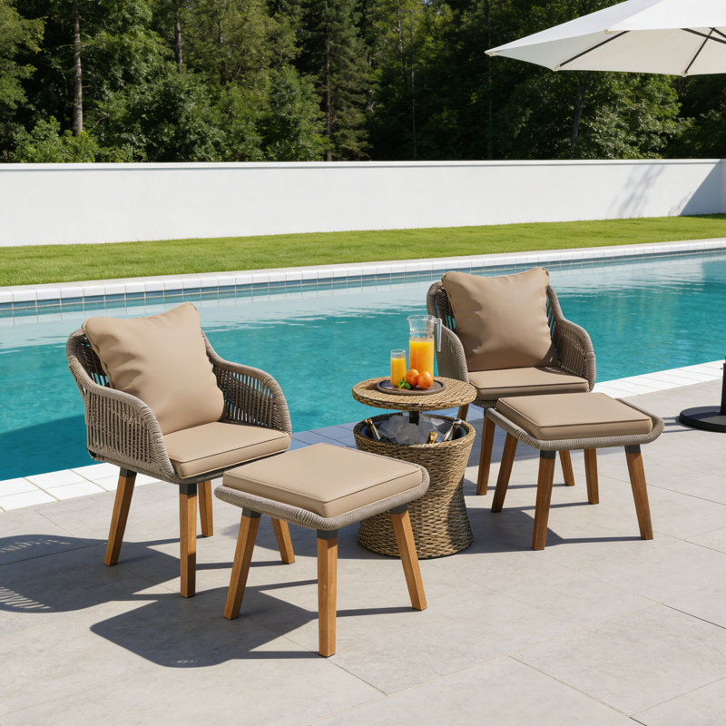  5 Pieces Wicker Patio Furniture Set - Chairs, Footstools and Table, Brown, Brown
