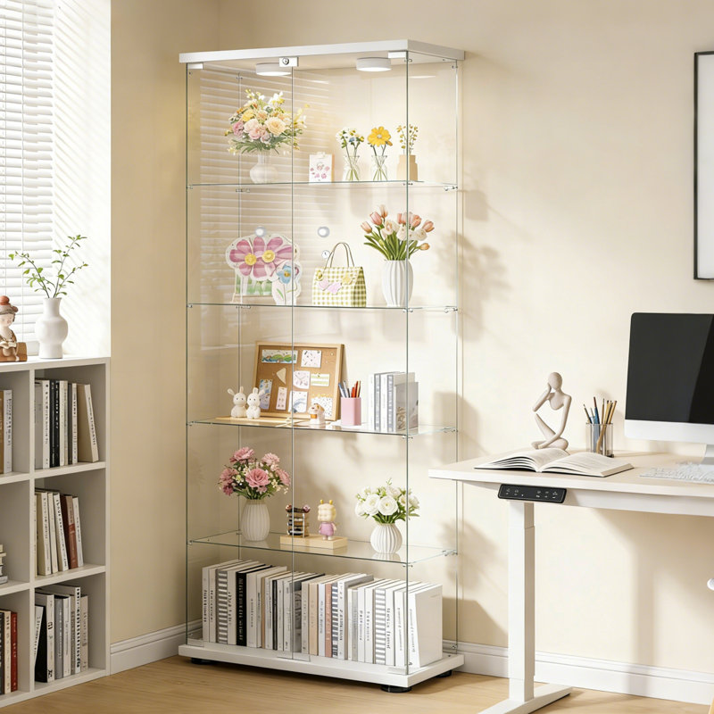 Vitrine en verre trempé à 5 tablettes avec lumière DEL et 2 portes Jabdiel, Blanc