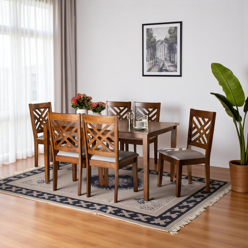 Fraserburgh Rubberwood Solid Wood Dining Set, Walnut Brown/Gray, 7 Pieces: Table, 6 Chairs