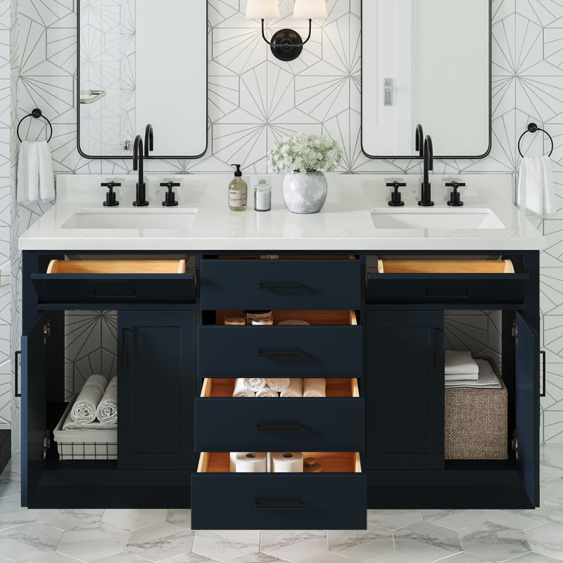 Thornaby 66'' Solid Wood Double Bathroom Vanity with 1.5'' White Quartz Top, Oval Sinks, Midnight Blue / Matte Black