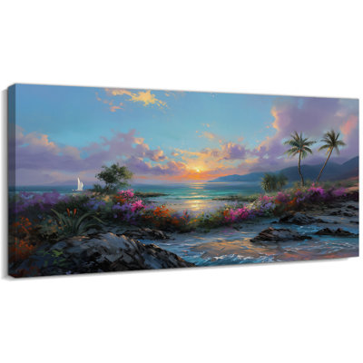  Extra Large Tropical Sunset Canvas Wall Art, Coastal Beach Decor for Living Room Above Sofa, Vibrant Gallery Wrapped Artwork, Ready to Hang, 28×58 inches