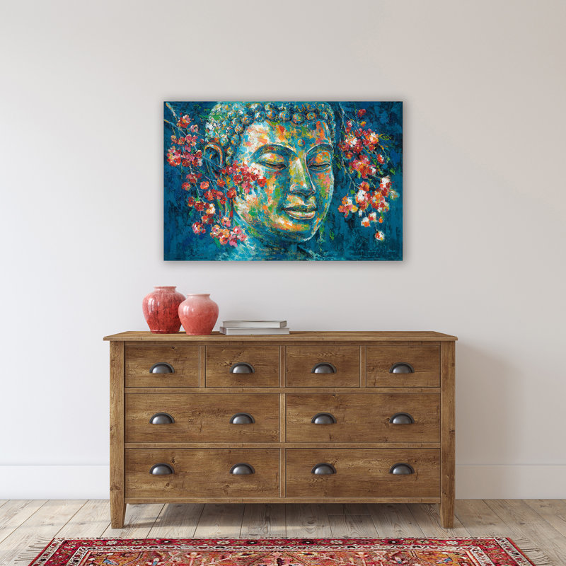 Abstrait Bouddha coloré en paix - peinture sur toile tendue, H 36 po x l 48 po x P 1,5 po