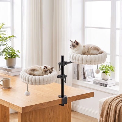 Lit de bureau pour l'intérieur Cat, hamac pour chat avec 2 lits amovibles, 2 boules de suspension pour bureau, fenêtres, rotation à 360 ° et hauteur réglable, peut supporter jusqu'à 24 lb, blanc