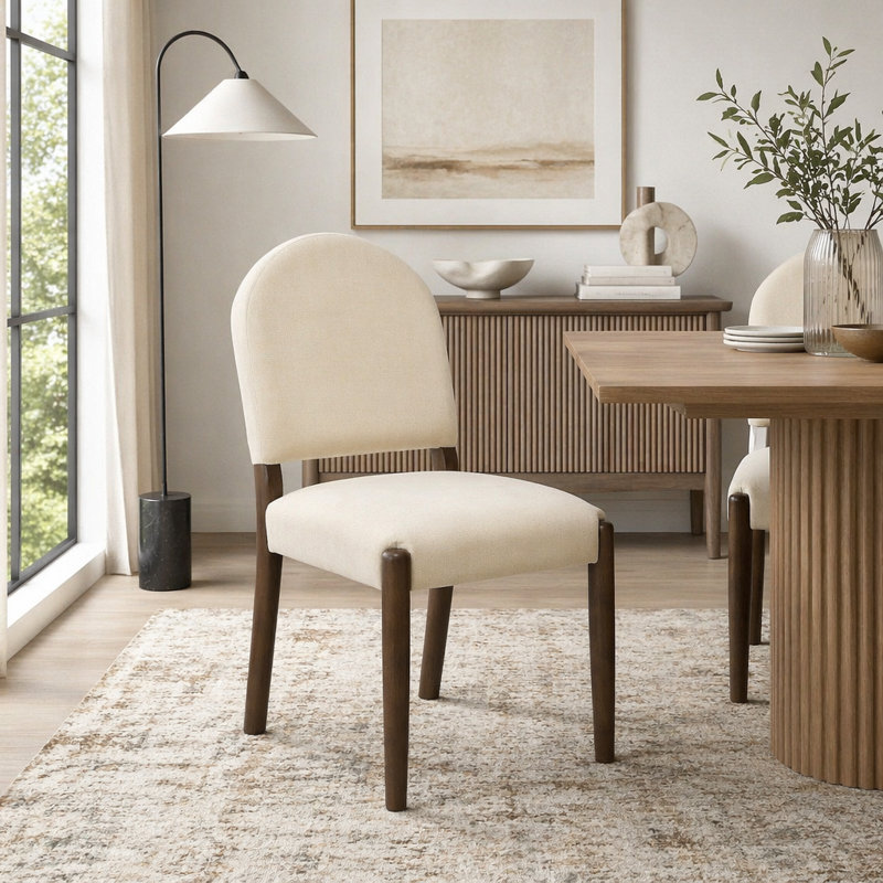 Ensemble de 2 chaises de salle à manger rembourrées de style Mid-Century, Beige, bois de noyer