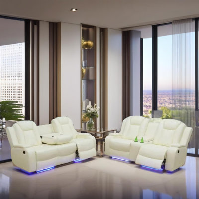 Ensemble de canapé de salon inclinable en cuir végétalien blanc 2 pièces avec porte-gobelets, charge sans fil et lumières DEL Ember