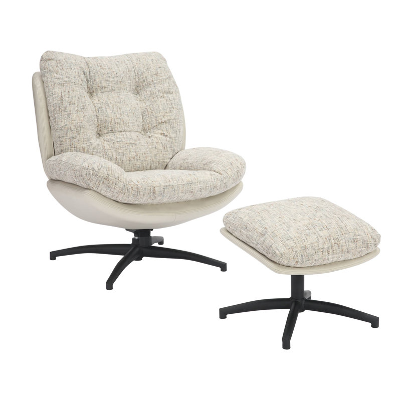 Cedrie Upholstered Swivel Accent Chair with Footstool, Cream