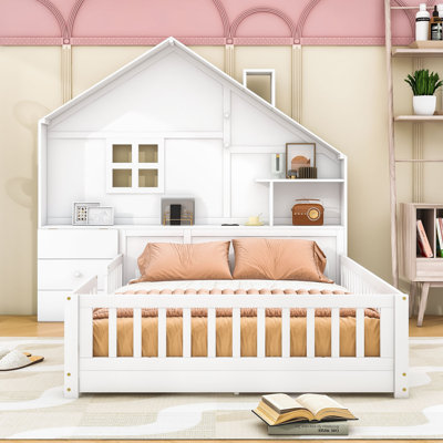 Lit maison avec 2 tiroirs, tablettes, prises et port USB