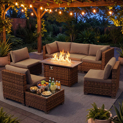 8-piece Outdoor Patio Conversation Set With Propane Fire Pit Table, 7-piece Wicker Sectional Sofa & Coffee Table