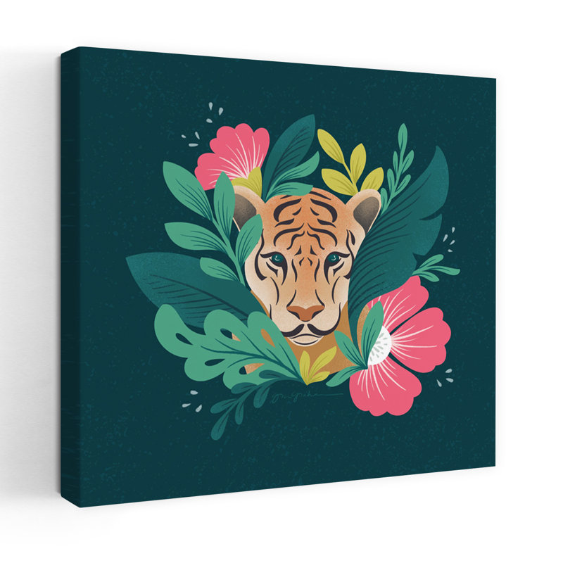 Lush Life IV, chat abstrait, tigre, plante, art, H 18 po x l 18 po