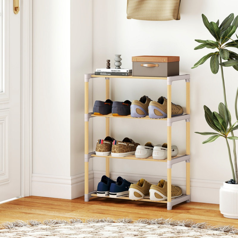 Range-chaussures en bois massif à 4 niveaux avec tablettes ouvertes à lattes