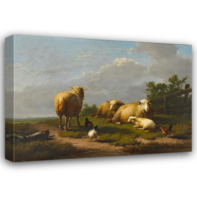 «Sheep and Chicken in a Landscape» par Eugène Joseph Verboeckhoven - Art mural sur toile tendue avec châssis