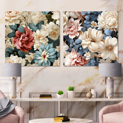 Beige Vintage Charm Floral Pattern - Floral Wall Decor Set Of 2