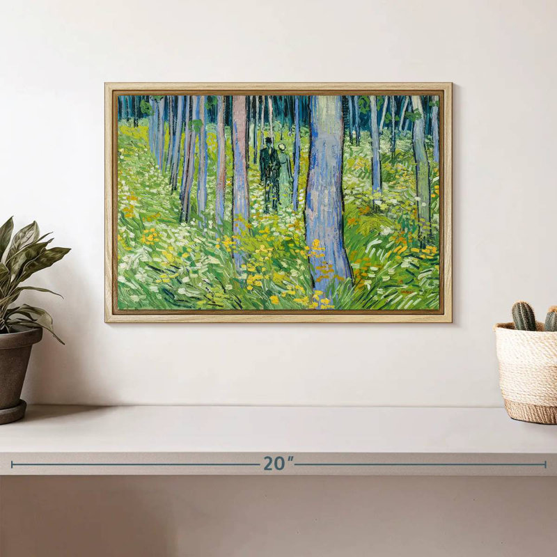 Sous-bois avec deux personnages, Cadre flottant en bois naturel, 13 po x 9 po