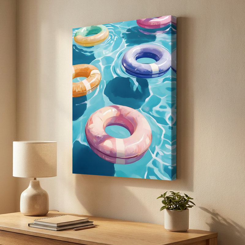 Impressionistic 'Colourful Inflatable Pool Rings' Wrapped Canvas Print