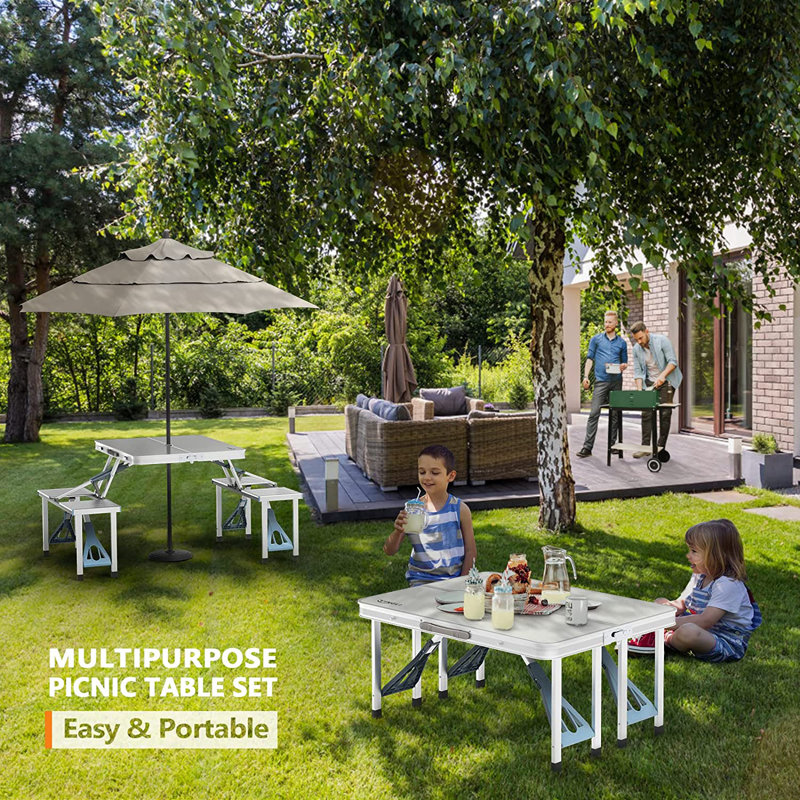 4Ft Folding Camping Picnic Table With Seats/Umbrella Hole-265 Lbs Support That Lightweight And Fold Up Card Suitcase Table Aluminum Alloy Frame, RV Tabletop With Soft Handle