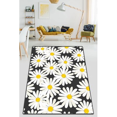 Chrisman Floral Machine Made Velvet/Polyester Area Rug in Black/White/Yellow -  East Urban Home, 538D5077F9774A30879A845379D40905