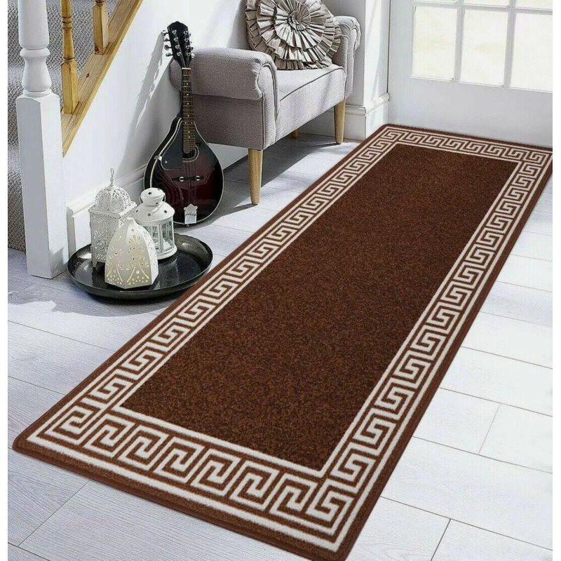 Plain Rug with Greek key Bordered Gel backed Rug Alixe Brown/Beige Rug, Rectangle 80 x 300cm