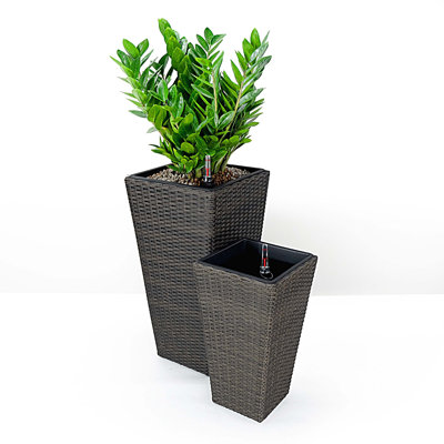 Paquet de 2 jardinières à arrosage automatique - Osier tissé à la main - Carré - Expresso, RÉSISTANT À LA TEMPÉRATURE
