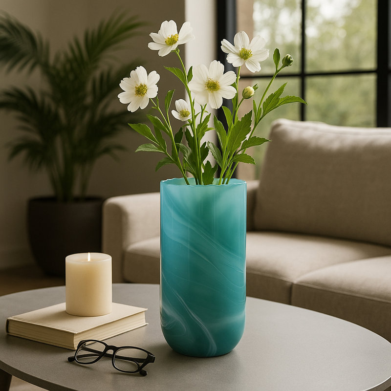 Modern Glass Flower Vase With Swirled Pattern -  Coastal Inspired Tall Vases For Styling Table Arrangements And Home Decor - Blue/Green