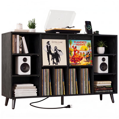 Meuble pour platine vinyle avec station de recharge, rangement pour disques de 140 cm, noir