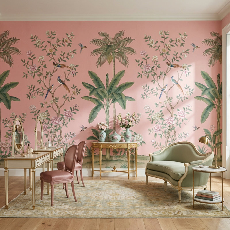 Papier peint floral oiseaux fond rose, Non tissé non collé, 140" x 108"
