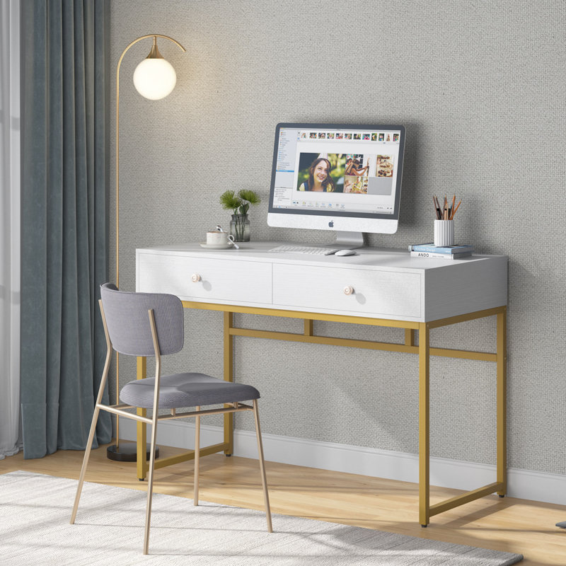 Jahnke Metal Base Computer Desk, White/Gold