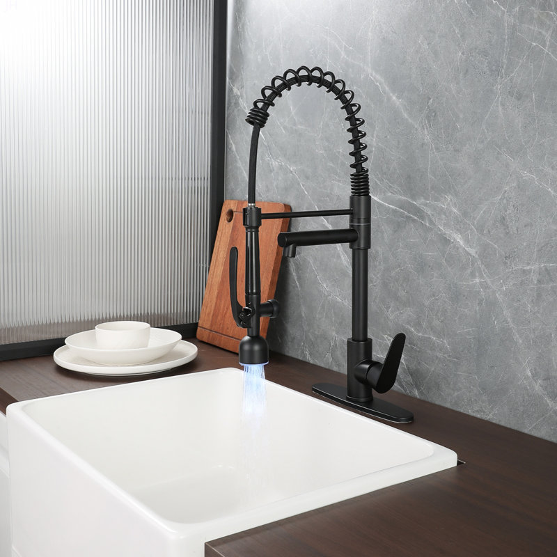 Kitchen Sink Faucet With LED Pull Down Sprayer, Commercial Single Handle High Arc Kitchen Faucet, Spring Sink Faucets With Deck Plate, Dual Spouts, Stainless Steel