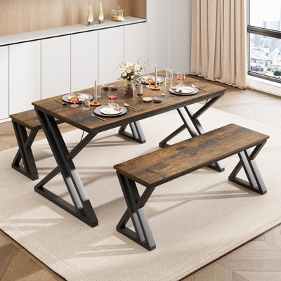 Ensemble de table de salle à manger 44,8 po pour 4 personnes avec bancs, structure en X en métal et ensemble de cuisine peu encombrant