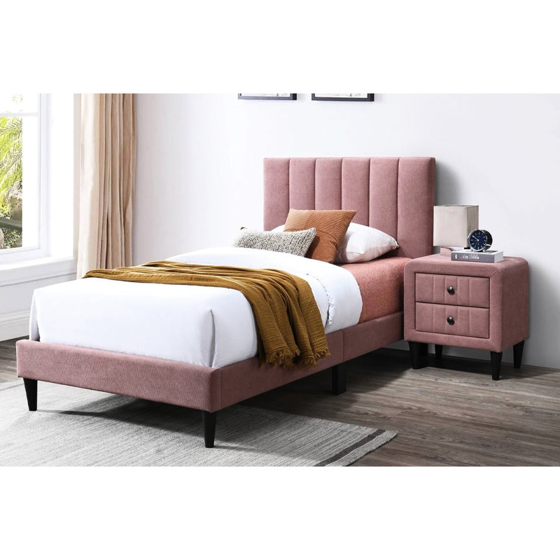 Lit double en rose, tête de lit à canal réglable moderne, pieds de soutien centraux, sans sommier, chambre en tissu de lin rose avec tissu, cadre