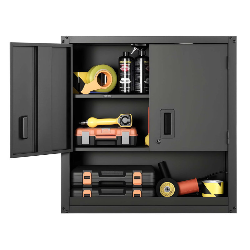 Metal Wall Cabinet, 30W x 12.01D x 30H Inch, Steel Floating Hanging Storage Cabinet with Locking Doors and Adjustable Shelf for Garage, Basement, Kitchen, Warehouse Assembly Required, Black
