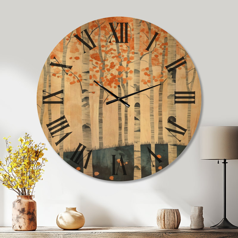 Bouleaux au crépuscule - Horloge murale rustique orange, imprimée sur bois, Très grand