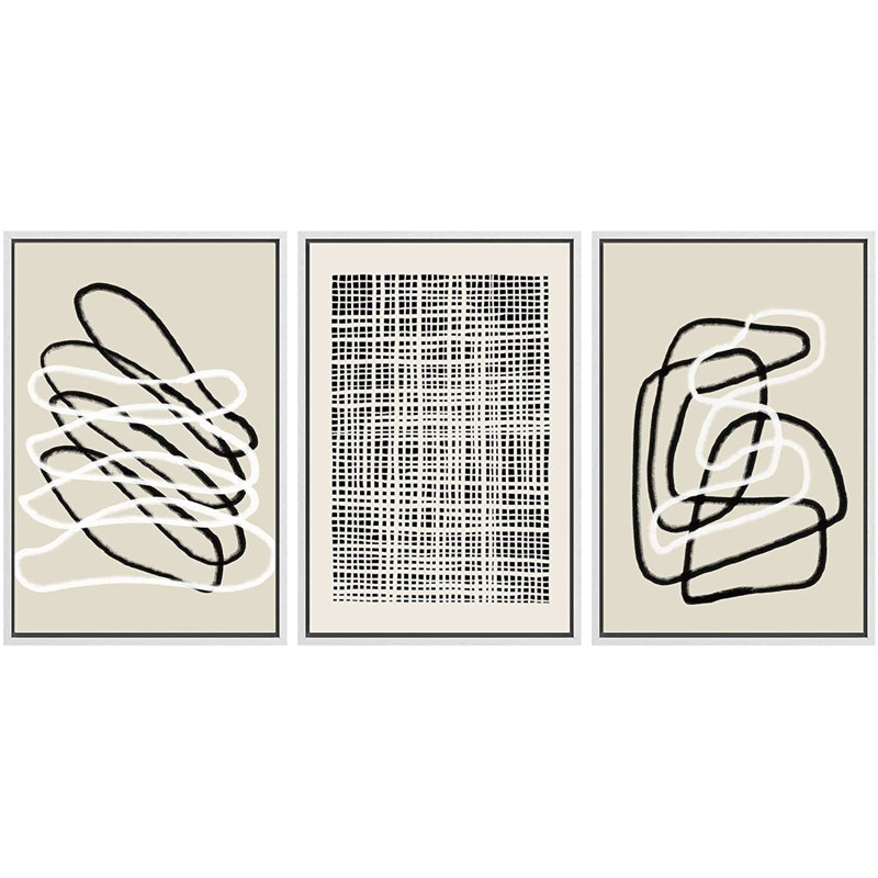 Black Grunge Paint Strokes Minimalist Neutral Abstract Framed On Canvas Wall Art 3 Pieces Print, 36" H x 72" W, White