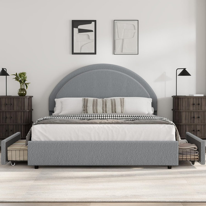 Structure de lit double avec tiroirs de rangement, lit plateforme tapissier Boucle, tête de lit ronde, robuste, silencieux, sans sommier, gris clair
