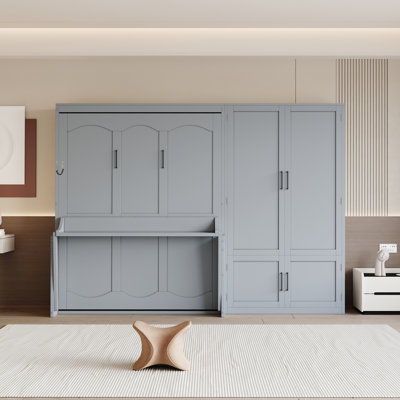 Grand lit escamotable mural avec garde-robe, relevage hydraulique, rangement sur le côté, armoire-lit gris