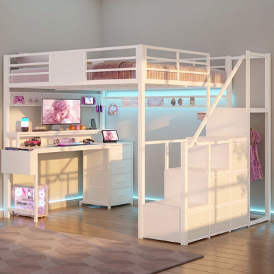 Lit mezzanine double avec bureau de 141 cm et escalier de rangement, 10 tiroirs, grand bureau, station de recharge, blanc