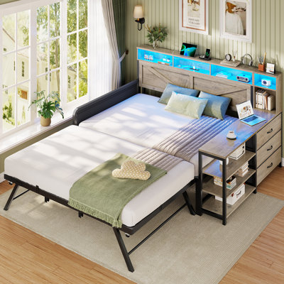 Daybed with Pop Up Trundle, Farmhouse Wooden Full Size Daybed Frame with 3 Storage Drawers and Shelves, Full Daybed with Charging Station and LED Lights for Bedroom, Guest Room